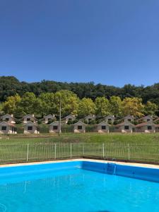 a blue swimming pool in front of some houses at Pousada Parque das Pitangueiras in Flores da Cunha