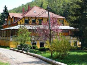 una gran casa amarilla al lado de una carretera en Apartment in a villa with park in Gro schirma, en Großschirma