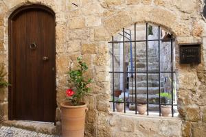 une porte et une fenêtre avec une fleur dans un pot dans l'établissement Porolithos Boutique Hotel, à Rhodes