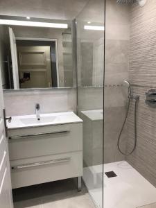 La salle de bains est pourvue d'un lavabo blanc et d'une douche. dans l'établissement Palazzio 2, by Welcome to Cannes, à Cannes