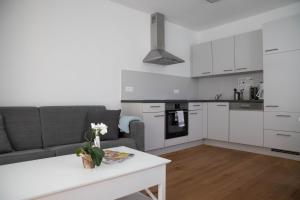 a kitchen and living room with a couch and a table at Appartements Freiraum in Schladming