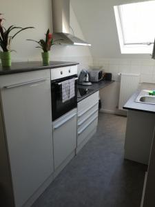 een keuken met een fornuis en een wastafel. bij Kölsche Wohnung 1C in Keulen