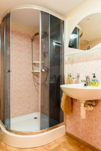 a bathroom with a shower and a sink at Chatka Elegant in Bešeňová
