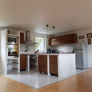 a kitchen with wooden cabinets and a white refrigerator at Ferienwohnung Goldene Höhe in Rechenberg-Bienenmühle