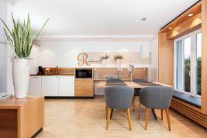 a kitchen with a dining room table and chairs at Appartementhotel Röhrenbach in Immenstaad am Bodensee