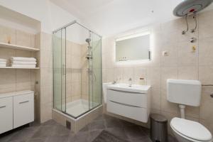 a bathroom with a shower and a toilet and a sink at Beachfront Apartment Karla in Mošćenička Draga