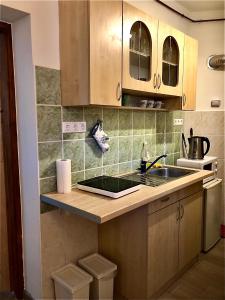 een keuken met houten kasten en een wastafel bij L&R Apartment in Győr