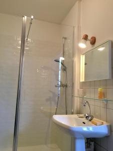 La salle de bains est pourvue d'un lavabo et d'une douche en verre. dans l'établissement Gite Vénérand, à Acquigny