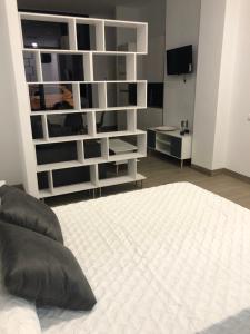 a bedroom with a large bed and a white shelf at Apartamentos turísticos Conil luz in Conil de la Frontera