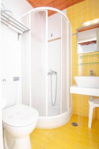 uma casa de banho com um chuveiro, um WC e um lavatório. em The Windmill Resort em Mitáta
