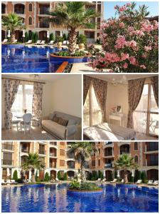 eine Collage mit Fotos eines Hotels mit Pool in der Unterkunft Cascadas Ravda - Gorgeous 2 bedrooms family apartment in Rawda