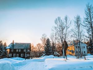 a snow covered yard with a house and buildings at Chalet Banff - 6 bedroom 6 bathroom Ski Lodge in Niseko