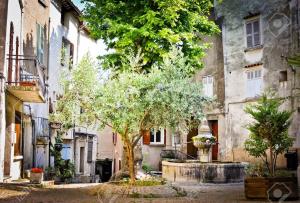 an old building with a tree in the middle of a street at Logement cosy avec piscine chauffée, jacuzzi, jardin et climatisation in Flayosc