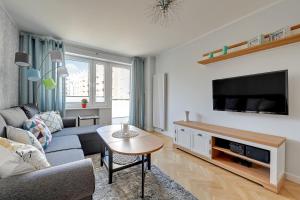 a living room with a couch and a tv at Wave Apartments - Grobla Old Town in Gdańsk