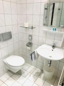 Hotel Bairischer Hof في ماركتردفيتس: حمام ابيض مع مرحاض ومغسلة