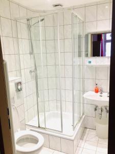 a bathroom with a shower and a toilet and a sink at Hotel Bairischer Hof in Marktredwitz