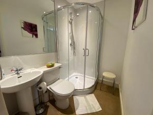 uma casa de banho com um chuveiro, um WC e um lavatório. em The Royal Crown Guest House em Aberdeen