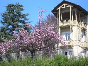 a house with pink flowers in front of a fence at Del Nobile Apartment in Turin
