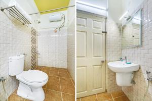 Duas fotografias de uma casa de banho com WC e lavatório. em FabHotel Colors Service Apartment em Chennai