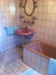 La salle de bains est pourvue d'un lavabo rouge et d'une baignoire. dans l'établissement Ferienwohnung Susanne Hillbrand, à Bad Aussee