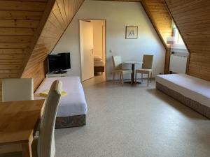 a bedroom with a bed and a table and a tv at Gästehaus an der Rheinbrücke in Altlußheim