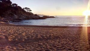 une plage de sable avec un coucher de soleil sur l'eau dans l'établissement ⭑ Sea views + private beach. What else? ⭑, à Tossa de Mar