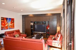 a living room with two red couches and a television at Altitude Apartments Hakuba in Hakuba