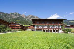 um grande edifício numa colina relvada com montanhas ao fundo em Hotel Andreas em Alpbach