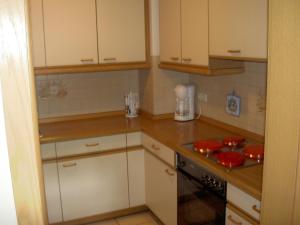 a kitchen with white cabinets and red plates on the stove at Haus An der Abens in Bad Gögging