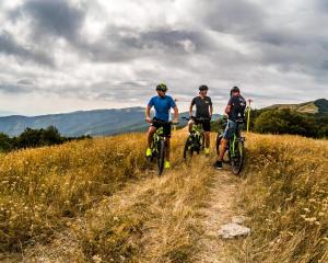 ビッビエーナにあるnovanta nature retreatの野原の小道で自転車に乗る3人