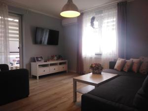 uma sala de estar com um sofá e uma mesa em Apartament Antek klimatyzowany em Oświecim