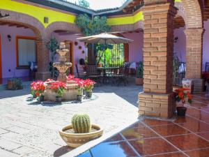 eine Außenterrasse mit einem Brunnen und einem Kaktus in der Unterkunft Valle Dorado in Valle de Bravo