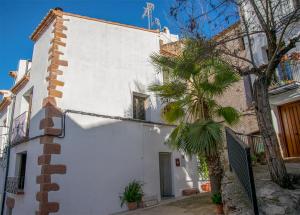 a white building with a palm tree in front of it at Casa Rural la Llar in Vilafames