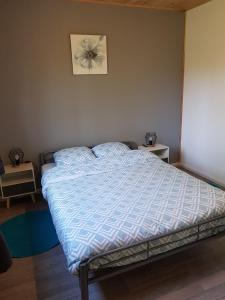 ein Bett mit blauer Decke in einem Schlafzimmer in der Unterkunft maison indépendante in Saint-Amand-en-Puisaye