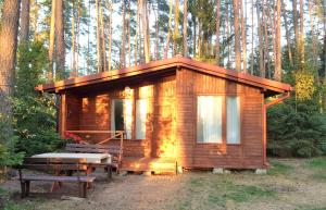 a wooden cabin with a picnic table and a bench at Mazurska Sielanka na Wiartlu in Pisz