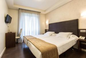 サンティアゴ・デ・コンポステーラにあるHotel Alda San Carlosの大型ベッドとテレビが備わるホテルルームです。