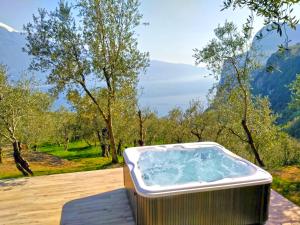 uma banheira de hidromassagem no topo de um deque em Appartamenti Villa Vagne by Gardadomusmea em Tremosine Sul Garda