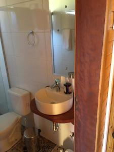 聖若阿金的住宿－Pousada Bela Tereza，一间带水槽、卫生间和镜子的浴室