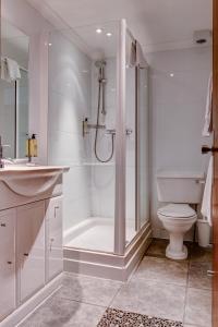 
a bathroom with a shower, toilet, sink and tub at Connaught Lodge in Bournemouth
