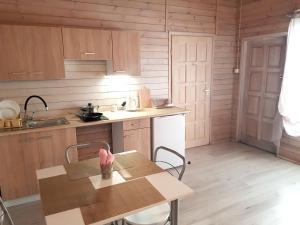 uma cozinha com uma mesa, um lavatório e um fogão em Mazurska Sielanka na Wiartlu em Pisz