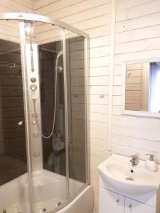 a bathroom with a shower and a sink at Mazurska Sielanka na Wiartlu in Pisz