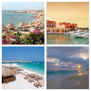 four pictures of a beach with a resort and the ocean at Your comfort home in Hurghada with pool, WIFI, AC, walk to beach in Hurghada