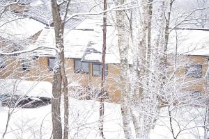 a house covered in snow next to some trees at Nakanoyu Onsen Ryokan in Matsumoto