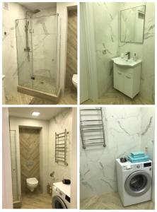 three pictures of a bathroom with a shower and a washing machine at PaulMarie Apartments on Chigrinova 3 in Mogilev