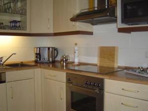 a kitchen with a stove top oven next to a sink at Ferienwohnung Landleben 35195 in Hesel