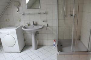 a bathroom with a sink and a shower and a washing machine at Ferienwohnung Hooge Loogen, 35212 in Holtland +15 photos