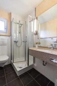 een badkamer met een douche, een toilet en een wastafel bij Alter Hof in Vaterstetten
