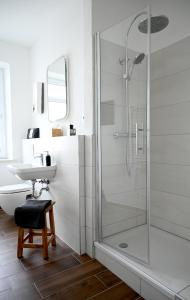 uma casa de banho com um chuveiro e um lavatório. em Gemütliches Appartement mit Netflix, Nespresso und Boxspringbett em Augsburg