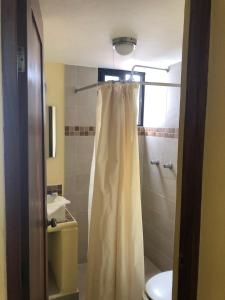 a bathroom with a shower curtain and a toilet at Hotel Maria Mixteca in Santa Cruz Huatulco