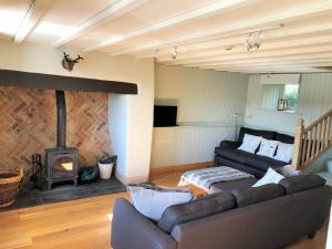 a living room with a couch and a fireplace at Coed y Berclas cottage, private orchard with stunning views in Llandegfan